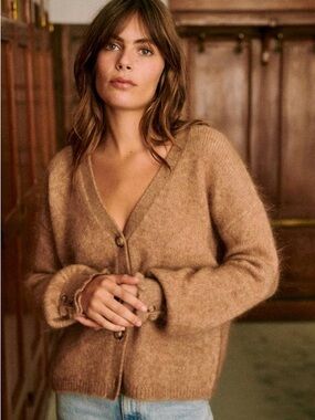 Sezane Mia Cardigan in Beige Camel Mohair Wool Blend Medium
